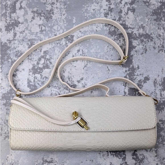 Unbranded Handbags - Cream Snakeskin Embossed Baguette Crossbody Bag Gold Hardware Tassel Turn-lock